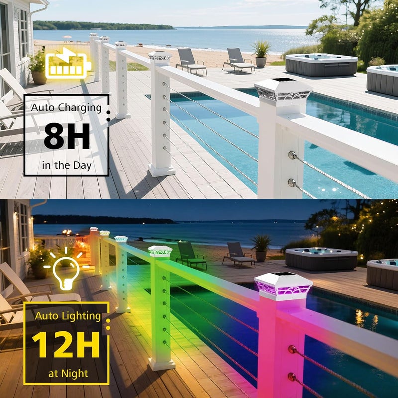 T-SUN Solar Post Cap Lights 6 Pack – Outdoor Waterproof RGB Color Changing Light for 3.5x3.5 4x4 5x5 5.5x5.5 Wood/Vinyl Fence Posts, Solar Deck Lights for Patio, Garden, Porch(White) - Image 5